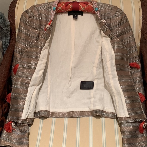 NWOT MAISON SCOTCH LUXURY CROPPED JACKET FRINGE SEASHELLS TURQUOISE EMBELLISHED - Picture 11 of 13